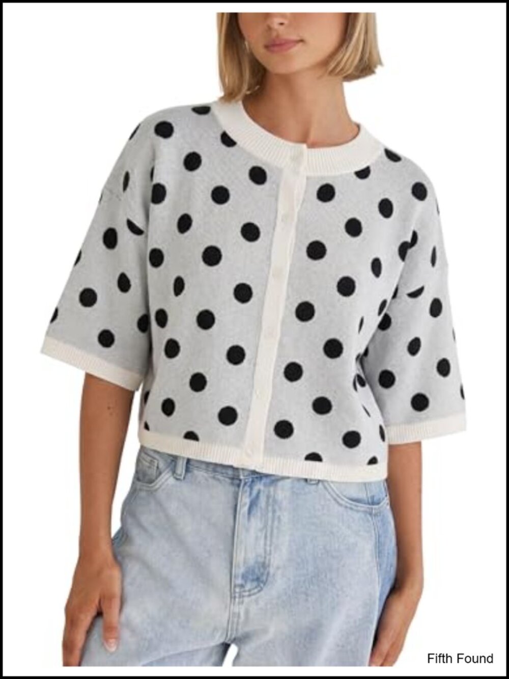 Women's Cropped Polka Dot Cardigan Short Sleeve Sweater Top